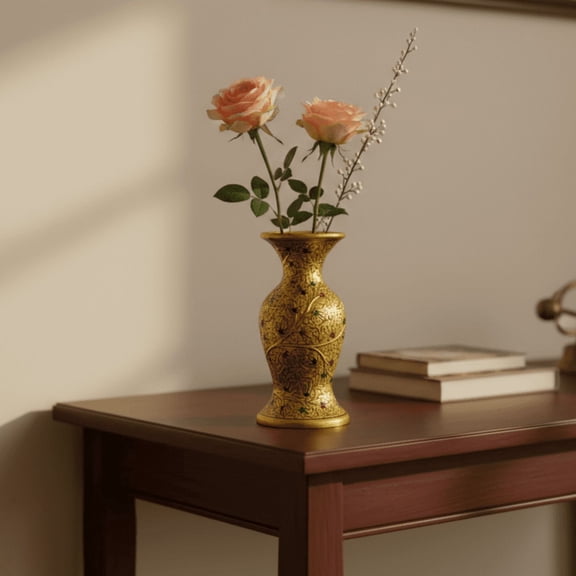 Natriel Kashmiri Papier Mache Flower Vase, Golden with Floral Design, 9 Inch Height, 3.9 Inch Width, Decorative Home Decor (Design 1)