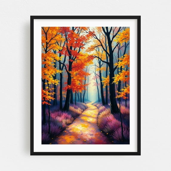 Golden Path Through Autumn Woods - Painting Autumn Forest Landscape Nature Scenic Woodland Mystical Black Framed Wall Art Print 18 x 24 inches