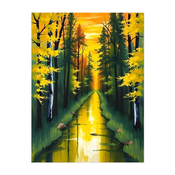 Golden Path Through Autumn Woods - Painting Forest Autumn Nature Woodland Landscape Scenic Sunset Unframed Wall Art Print 5 x 7 inches