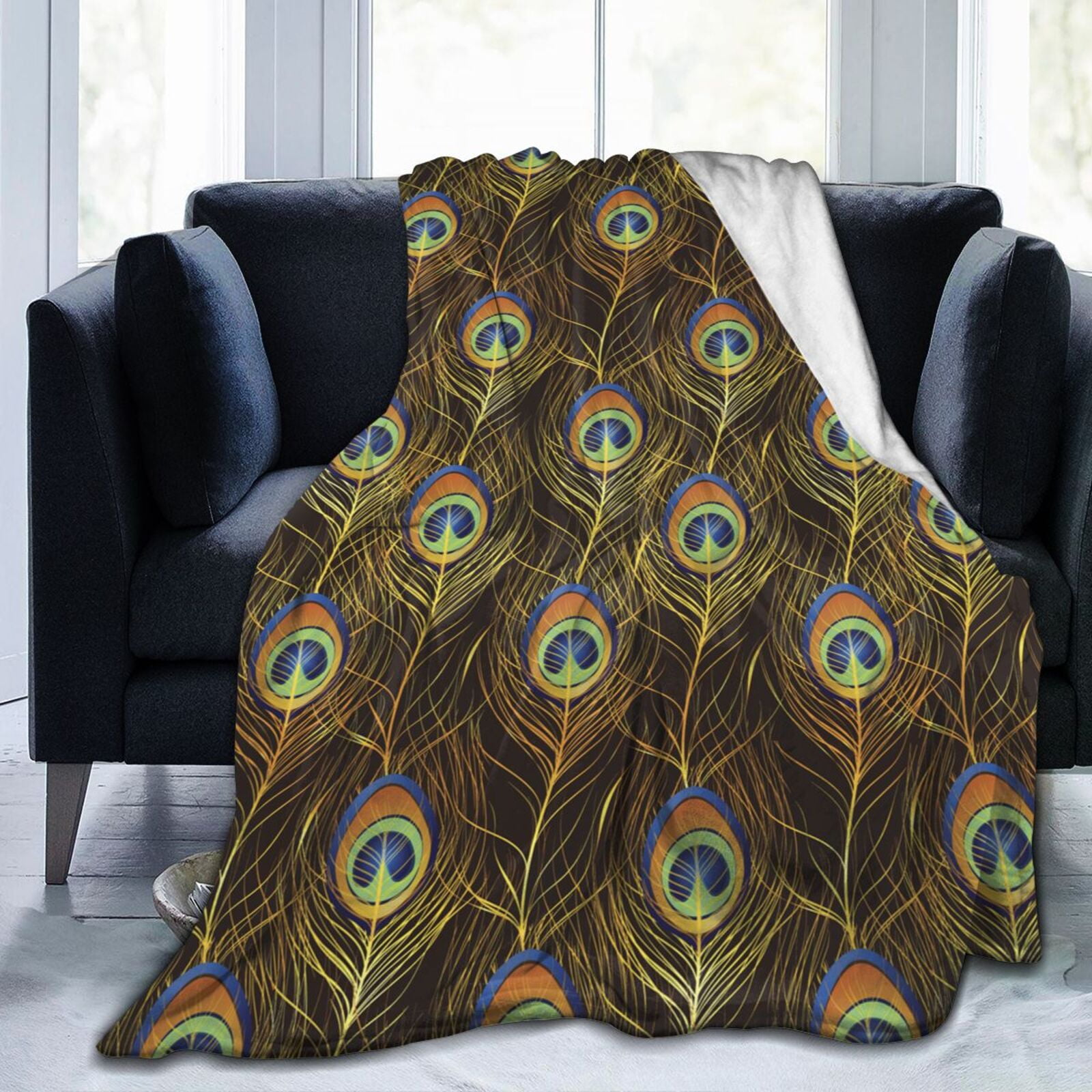Golden Peacock Feather Throw Blanket Soft Cozy Warm Durable Fuzzy