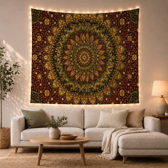 Golden Peacock Mandala in Ornate Radial Design, Serene Boho for Art Lovers, Bohemian Wall Art, Housewarming Gift, Tapestry Wall Hanging for Bedroom, Living Room and Dorm