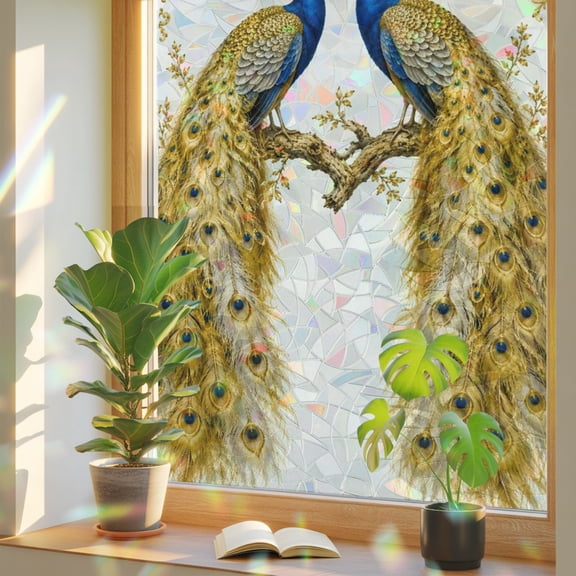 Golden Peacocks Window Privacy Film, Vintage Royal Branches Scrollwork Symmetrical Static Cling Stained Glass Window Sticker Decorative Removable Rainbow Film for Glass 17.7”x39.3”