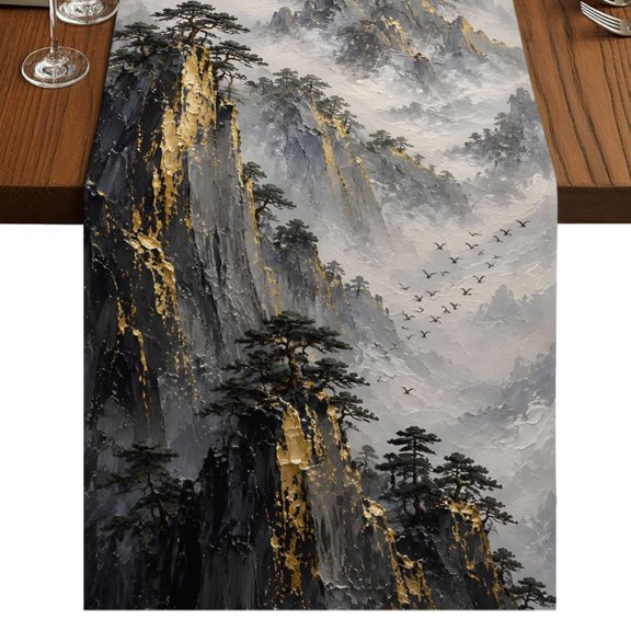 Golden Peaks Mountains Burlap Cotton Table Runner 13x36 Inches Short, Misty Clouds Pine Trees Farmhouse Table Runners, Outdoor Dining Table Decor for Baby Shower/Party/Wedding