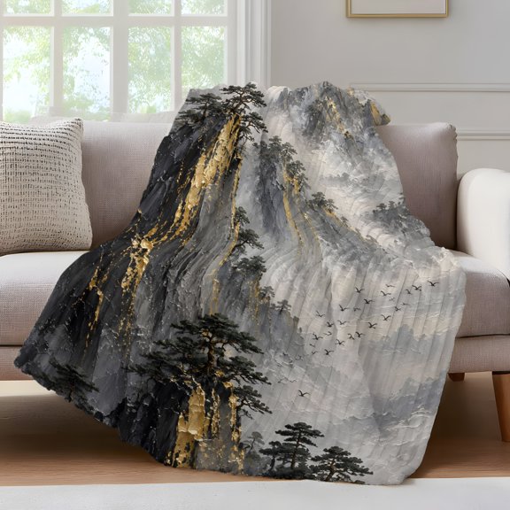 Golden Peaks Mountains Fleece Throw Blanket for Couch, Misty Clouds Pine Trees Microfiber Flannel Blanket for All Season, Lightweight Soft Throw Blankets for Baby, Kids, Pets, 30"x40"