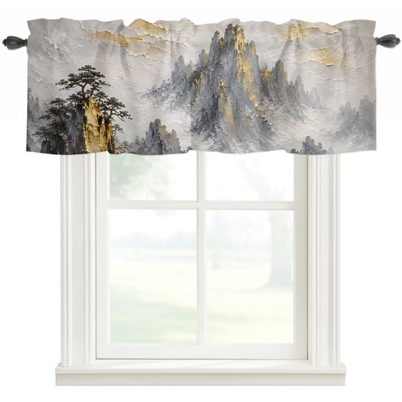 Golden Peaks Mountains Kitchen Valances for Windows, Misty Clouds Pine Trees Bathroom Window Valances 42x12 Inch Rod Pocket Window Treatments Valance Curtains for Living Room Bedroom Decor