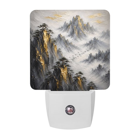 Golden Peaks Mountains Night Lights Plug Into Wall, LED Dusk to Dawn Sensor Night Light, Misty Clouds Pine Trees Nightlight for Bedroom Bathroom Living Room Hallway Home Wall Decor