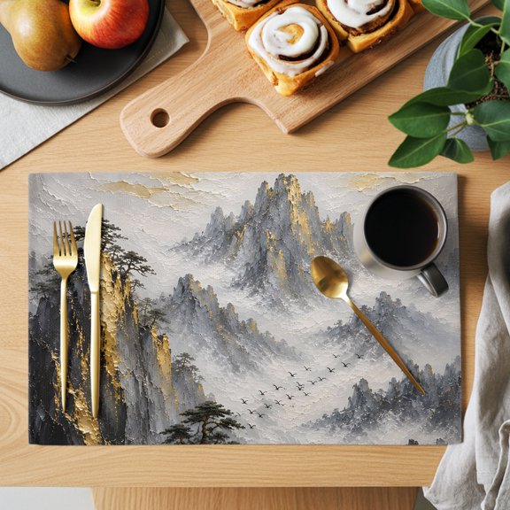 Golden Peaks Mountains Placemats Set of 4, Heat Insulation Woven Place Mats, Misty Clouds Pine Trees Washable Placemat Non-Slip Table Mats for Kitchen Dining Table Indoor/Outdoor