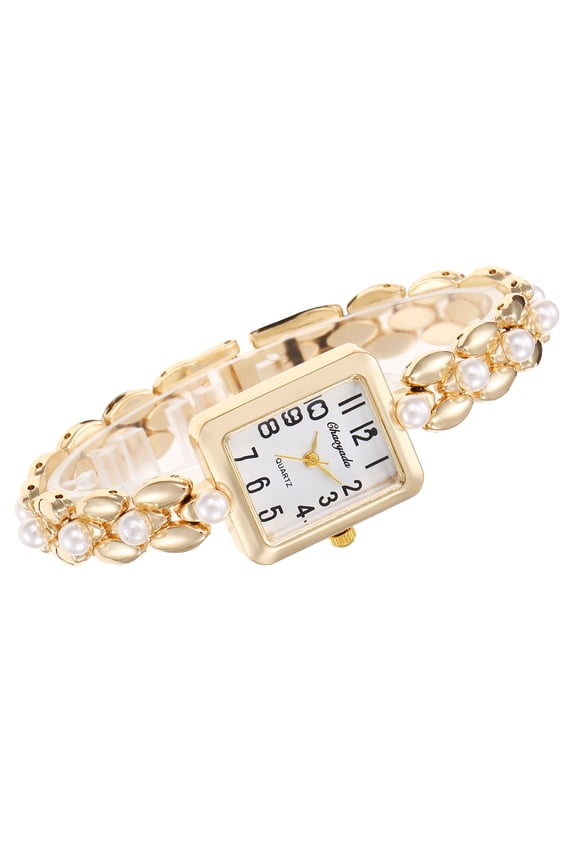 Golden Pearl Bracelet Watch for Women Square Dial Luxury Chain Bracelet Quartz Watch