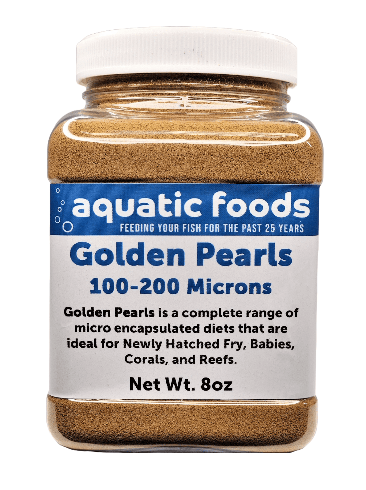 Golden Pearls 100-200 Micron Powder For Newly Hatched Fry and Babies of Shrimp, Axolotls, Discus, Cichlids, Catfish, Tetras, Angel Fish, Guppies, Bettas, Goldfish, Corals, Reefs …8oz Small Jar