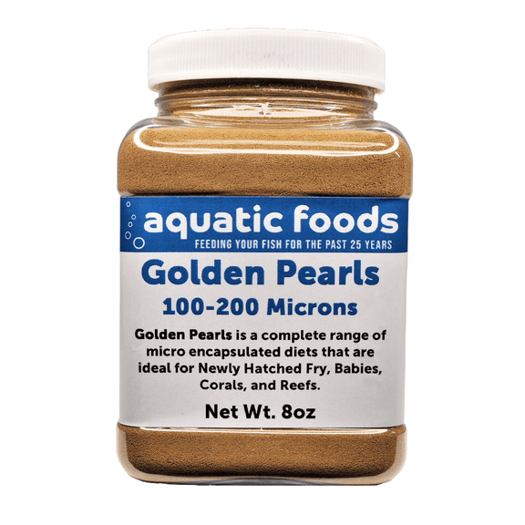 Golden Pearls 100-200 Micron Powder For Newly Hatched Fry and Babies of Shrimp, Axolotls, Discus, Cichlids, Catfish, Tetras, Angel Fish, Guppies, Bettas, Goldfish, Corals, Reefs 8oz Small Jar