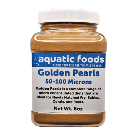 Golden Pearls 50-100 Micron Powder For Newly Hatched Fry and Babies of Shrimp, Axolotls, Discus, Cichlids, Catfish, Tetras, Angel Fish, Guppies, Bettas, Goldfish, Corals, Reefs …8oz Small Jar