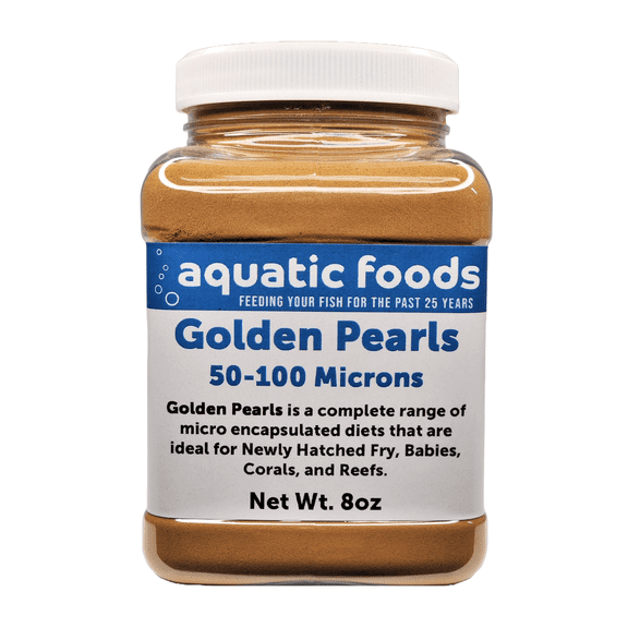 Golden Pearls 50-100 Micron Powder For Newly Hatched Fry and Babies of Shrimp, Axolotls, Discus, Cichlids, Catfish, Tetras, Angel Fish, Guppies, Bettas, Goldfish, Corals, Reefs 8oz Small Jar