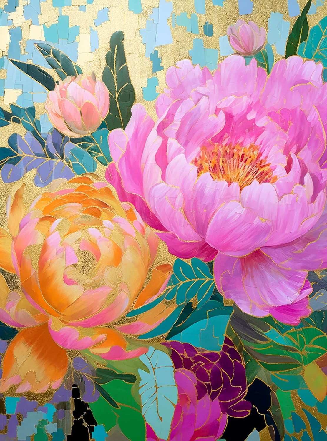 Golden Peony Dreams - 1000 Piece Jigsaw Puzzle for Adults | Mosaic-Inspired Artwork with Gold Leaf Details | Eco-Friendly | Cross & Glory Masterpiece Collection | Adult 1000 Piece Puzzle