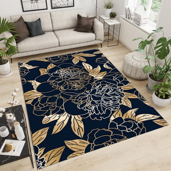 Golden Peony Orchid Flowers Area Rugs, Hand Drawn Line Plants Apartment Carpet, Distressed Carpet Machine Washable Soft And Comfortable For Children's Room Kindergarten 2x3ft