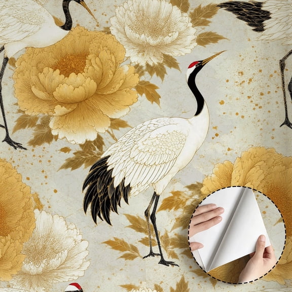 Golden Peony Red-Crowned Crane Wallpaper Vintage Boho Rustic Peel and Stick Wallpaper Contact Paper Waterproof Home Decor for Living Room Bedroom Bathroom Kitchen Cabinet Drawer