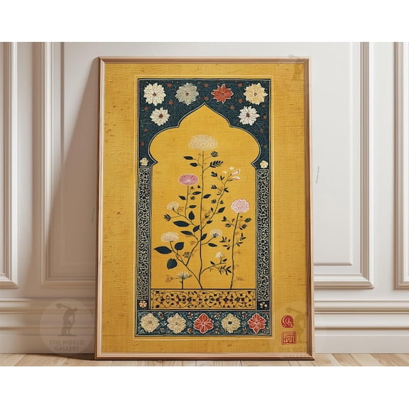 Golden Persian Floral Ornamental Arch Botanical Wall Art, Unframed Paper Poster 8x10in