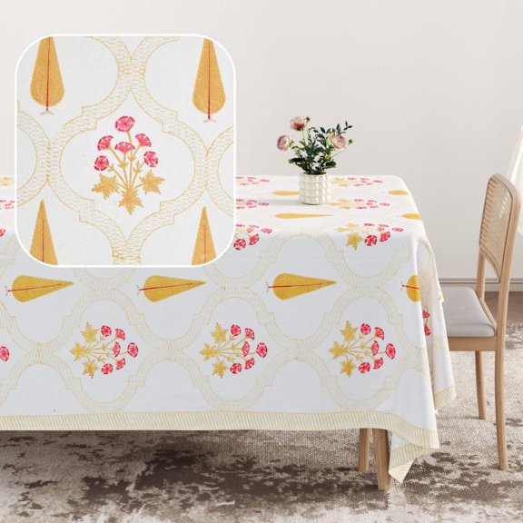 Golden Petal Trellis Tablecloth 60 Inch x 90 Inch Handmade Block Print, 100% Cotton, Machine Washable Dining Table Linen, Rectangular Table Cover | Palms & Petals Collection