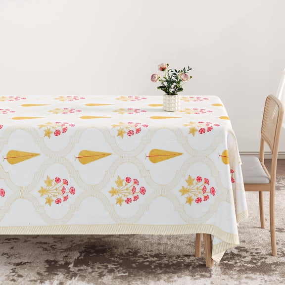 Golden Petal Trellis Tablecloth 60 Inch x 90 Inch Handmade Block Print, 100% Cotton, Machine Washable Dining Table Linen, Rectangular Table Cover | Palms & Petals Collection