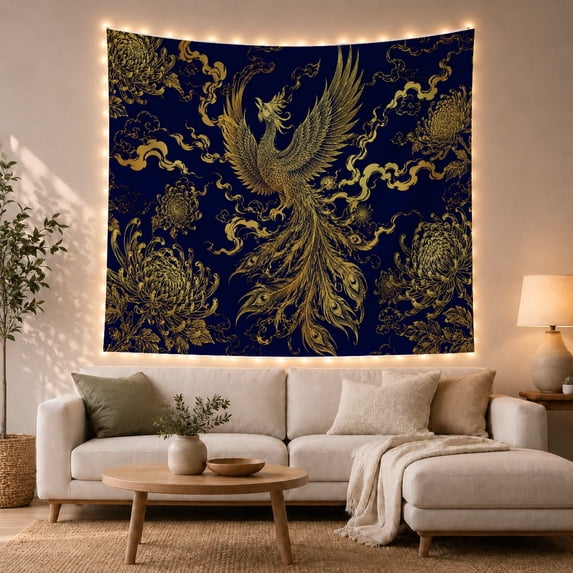 Golden Phoenix and Chrysanthemum in Swirling Clouds, Majestic Dramatic Fantasy Art for Nature Lovers, Bohemian Home Decor, Housewarming Gift, Tapestry Wall Hanging for Bedroom and Living Room