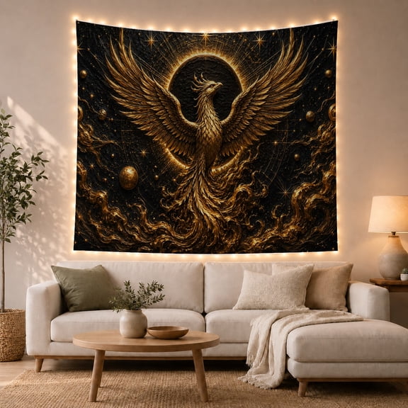 Golden Phoenix in Cosmic Nebula, Majestic Celestial for Astronomy Fans, Fantasy Art Decor, Birthday Gift Tapestry Wall Hanging for Bedroom and Living Room