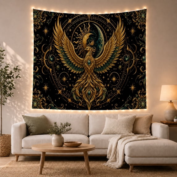 Golden Phoenix With Moon Phases and Stars, Mystical Celestial Style for Mystical Decor Lovers, Phoenix Wall Art, Halloween Gift, Tapestry Wall Hanging for Bedroom and Dorm