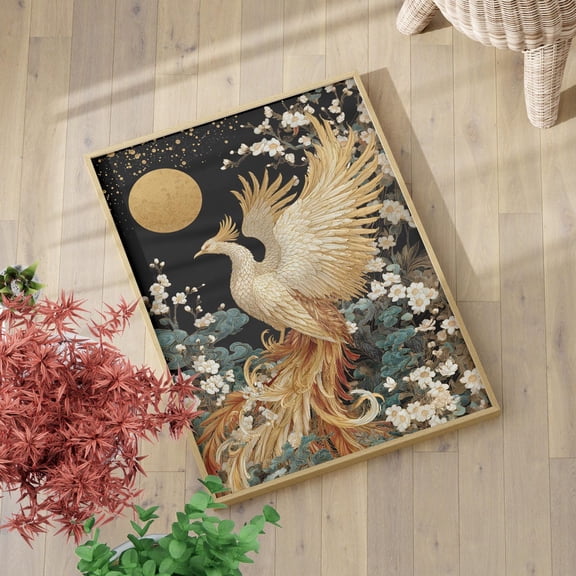 Golden Phoenix Mythical Bird Under Gold Moon Floral Asian Folklore Rebirth Good Fortune, Unframed Canvas