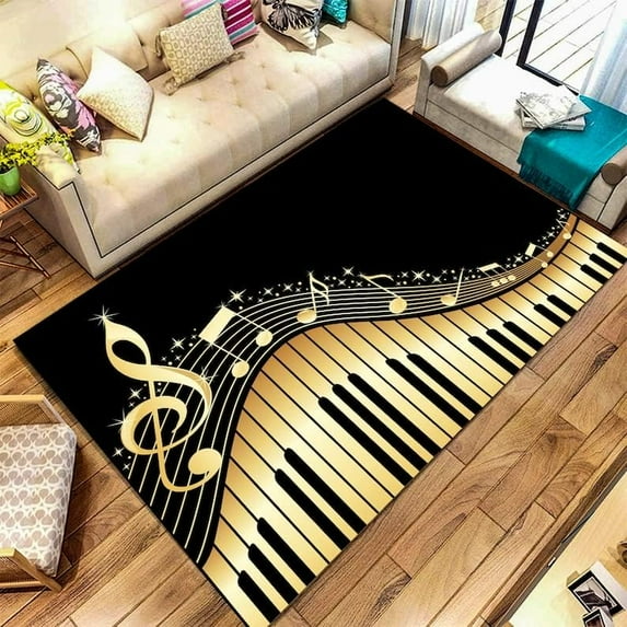 Golden Piano Area Rug Sheet Music Cartoon Print Rugs Indoor Non Slip Machine Washable Breathable Durable Carpet Front Entrance Floor Decor 3x4 Non-slip Soft Living Room Bedroom