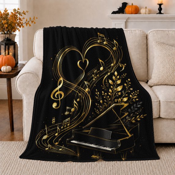 Golden Piano Treble Clef Heart Musical Notes Romantic, Cozy Friendship Quote Scene, Warm Flannel Blanket for Living Room and Reading Nook, Art Lovers Friendship Gift, Artistic Home Decor