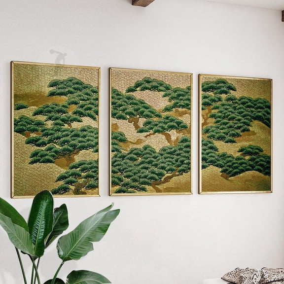 Golden Pine Japanese Zen Landscape Wall Art Set 3 Stretched Canvas 8x12