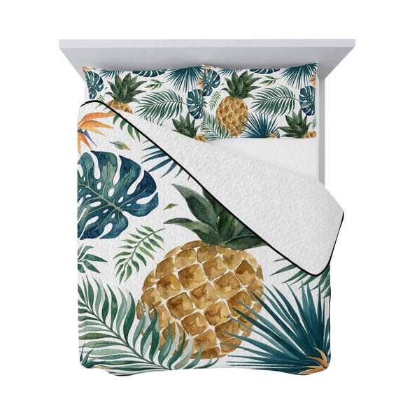 Golden Pineapple 3 Piece Quilt Set Full Size, Exotic Greenery Monstera Leaf Tropical Botanical Soft Bedspread Coverlet Bedding Set Microfiber Lightweight Comforter Set with 2 Pillowcases for Bedroom