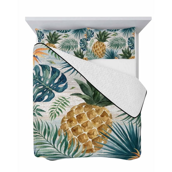 Golden Pineapple 3 Piece Quilt Set Full Size, Green Monstera Leaf Tropical Botanical Modern Soft Bedspread Coverlet Bedding Set Microfiber Lightweight Comforter Set with 2 Pillowcases for Bedroom