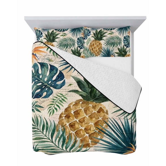 Golden Pineapple 3 Piece Quilt Set Queen Size, Boho Green Monstera Leaf Tropical Botanical Beige Soft Bedspread Coverlet Bedding Set Microfiber Comforter Set with 2 Pillowcases for Bedroom