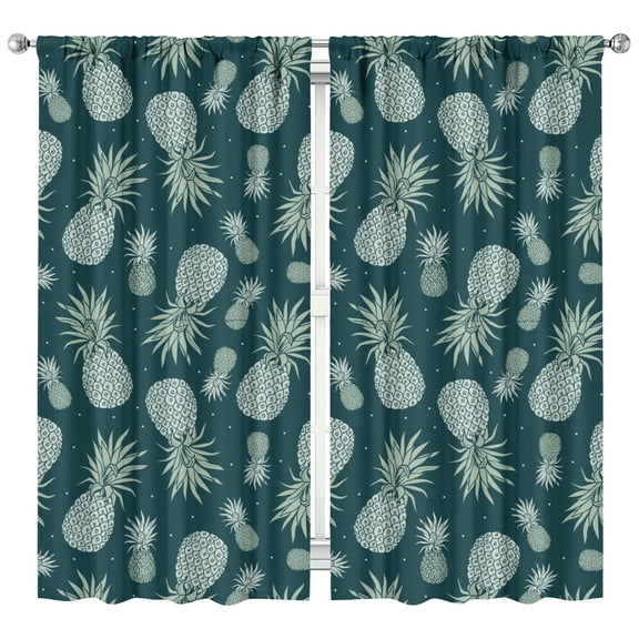 Golden Pineapple Kitchen Curtains Set of 2 - 42x84 Inch Tier Panels, Hawaiian Tropical Fruit Print Semi-Sheer Rod Pocket Window Treatment