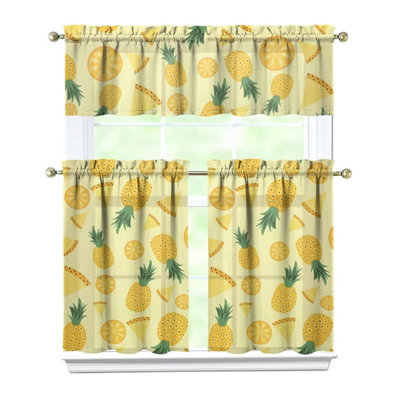 Golden Pineapple Pattern Kitchen Curtains Tier and Valance Set, Hawaiian Tropical Fruit Print Drapes, Sunshine Summer Aesthetic Curtains for Kitchen or Breakfast Nook