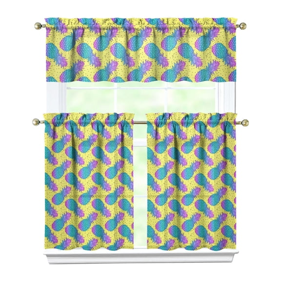 Golden Pineapple Print Kitchen Curtains - 3 PC Farmhouse Set with Valance, Semi-Sheer Rod Pocket Window Treatment