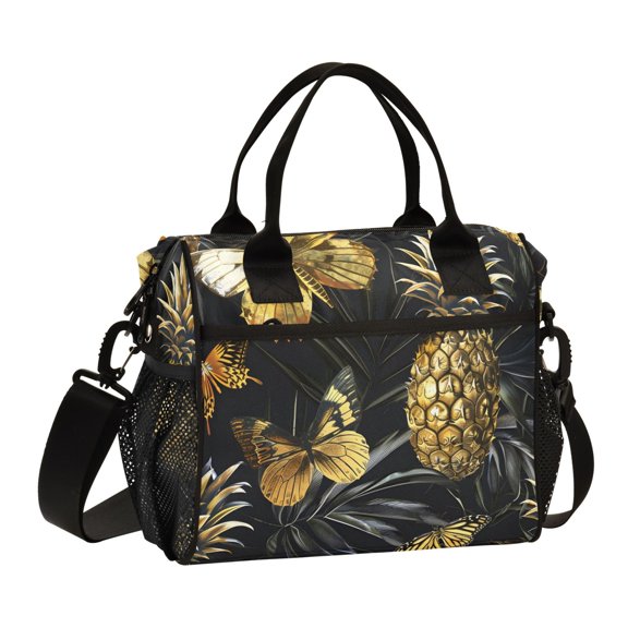 Golden Pineapples and Butterflies Lunch Bag Insulated Lunch Box Leakproof Reusable Cooler Tote Adjustable Shoulder Strap for Men Women 9L