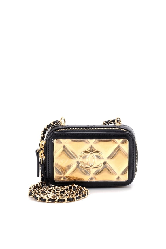Golden Plate Zip Around Vanity Case with Chain Quilted Metal and Lambskin Extra Mini By Rebag