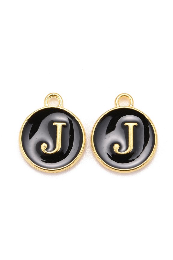 Golden Plated Alloy Charms Cadmium Free & Lead Free with Enamel Enamelled Sequins Flat Round with Letter Black Letter.J 14x12x2mm Hole: 1.5mm