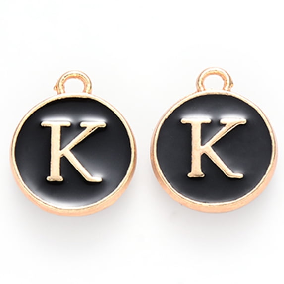 Golden Plated Alloy Charms Cadmium Free & Lead Free with Enamel Enamelled Sequins Flat Round with Letter Black Letter.K 14x12x2mm Hole: 1.5mm