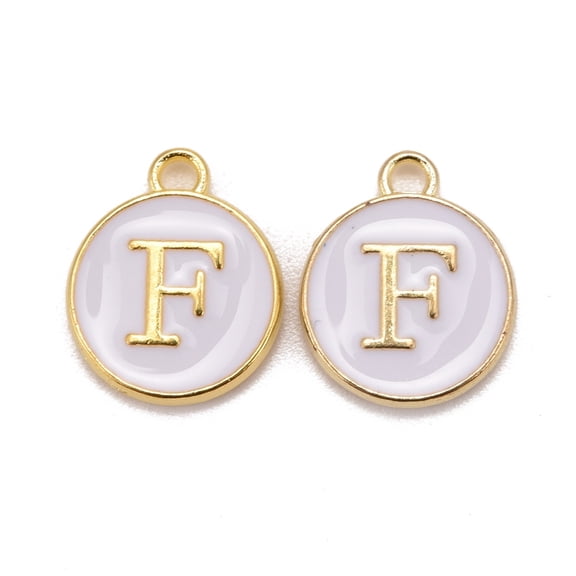 Golden Plated Alloy Charms Cadmium Free Lead Free with Enamel Enamelled Sequins Flat Round with Letter White Letter.F 14x12x2mm Hole: 1.5mm