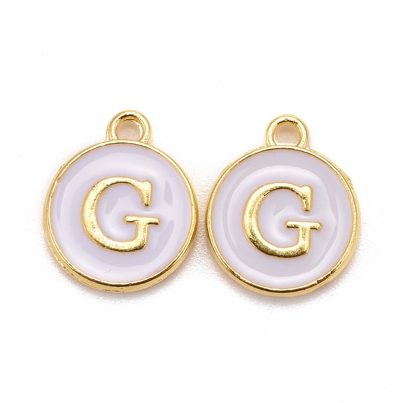 Golden Plated Alloy Charms Cadmium Free & Lead Free with Enamel Enamelled Sequins Flat Round with Letter White Letter.G 14x12x2mm Hole: 1.5mm