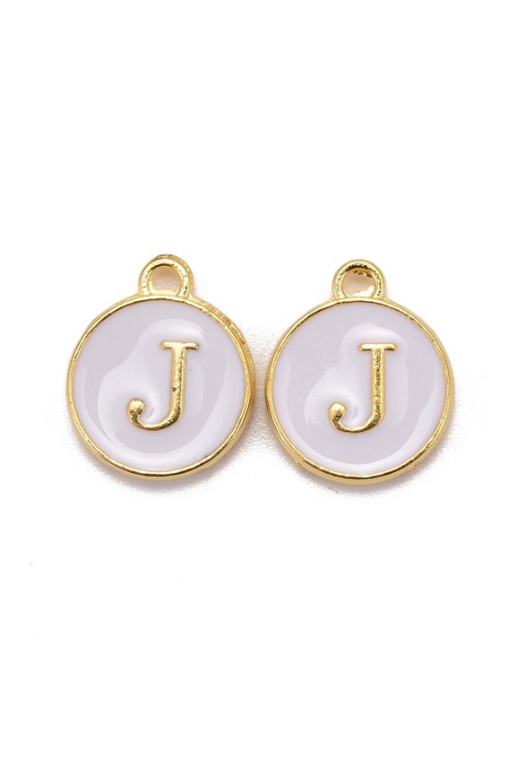 Golden Plated Alloy Charms Cadmium Free & Lead Free with Enamel Enamelled Sequins Flat Round with Letter White Letter.J 14x12x2mm Hole: 1.5mm