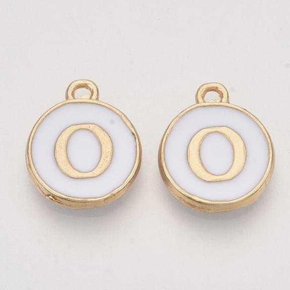 Golden Plated Alloy Charms Cadmium Free & Lead Free with Enamel Enamelled Sequins Flat Round with Letter White Letter.O 14x12x2mm Hole: 1.5mm