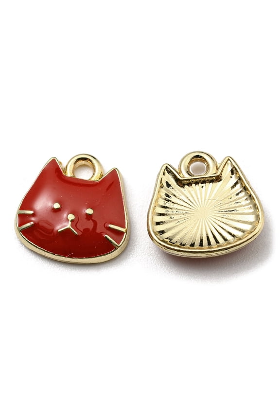 Golden Plated Alloy Charms with Enamel Cadmium Free & Nickel Free & Lead Free Cat Shape Charms Red 11x11x3mm Hole: 1.6mm