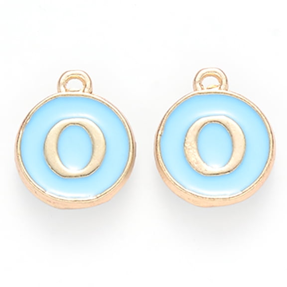 Golden Plated Alloy Enamel Charms Cadmium Free & Lead Free Enamelled Sequins Flat Round Sky Blue Letter.O 14x12x2mm Hole: 1.5mm