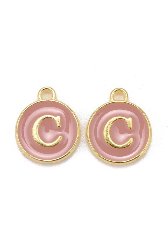 Golden Plated Alloy Enamel Charms Cadmium Free & Lead Free Enamelled Sequins Flat Round with Letter Pink Letter.C 14x12x2mm Hole: 1.5mm