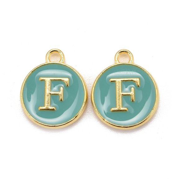 Golden Plated Alloy Enamel Charms Cadmium Free Lead Free Enamelled Sequins Flat Round with Letter Turquoise Letter.F 14x12x2mm Hole: 1.5mm