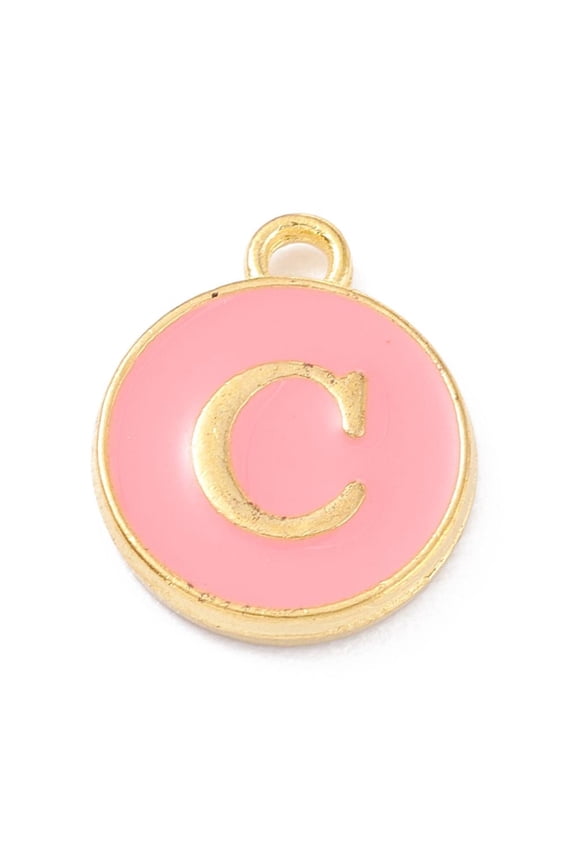 Golden Plated Alloy Enamel Charms Enamelled Sequins Flat Round with Alphabet Letter.C Pink 14x12x2mm Hole: 1.5mm