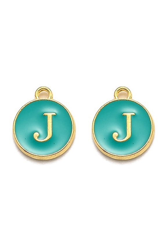 Golden Plated Alloy Enamel Charms Enamelled Sequins Flat Round with Alphabet Letter.J Green 14x12x2mm Hole: 1.5mm