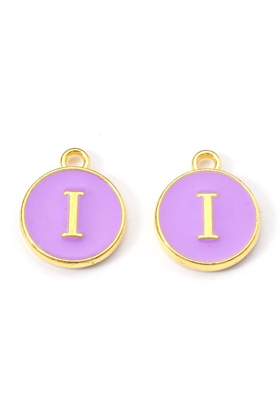 Golden Plated Alloy Enamel Charms Enamelled Sequins Flat Round with Letter Medium Purple Letter.I 14x12x2mm Hole: 1.5mm